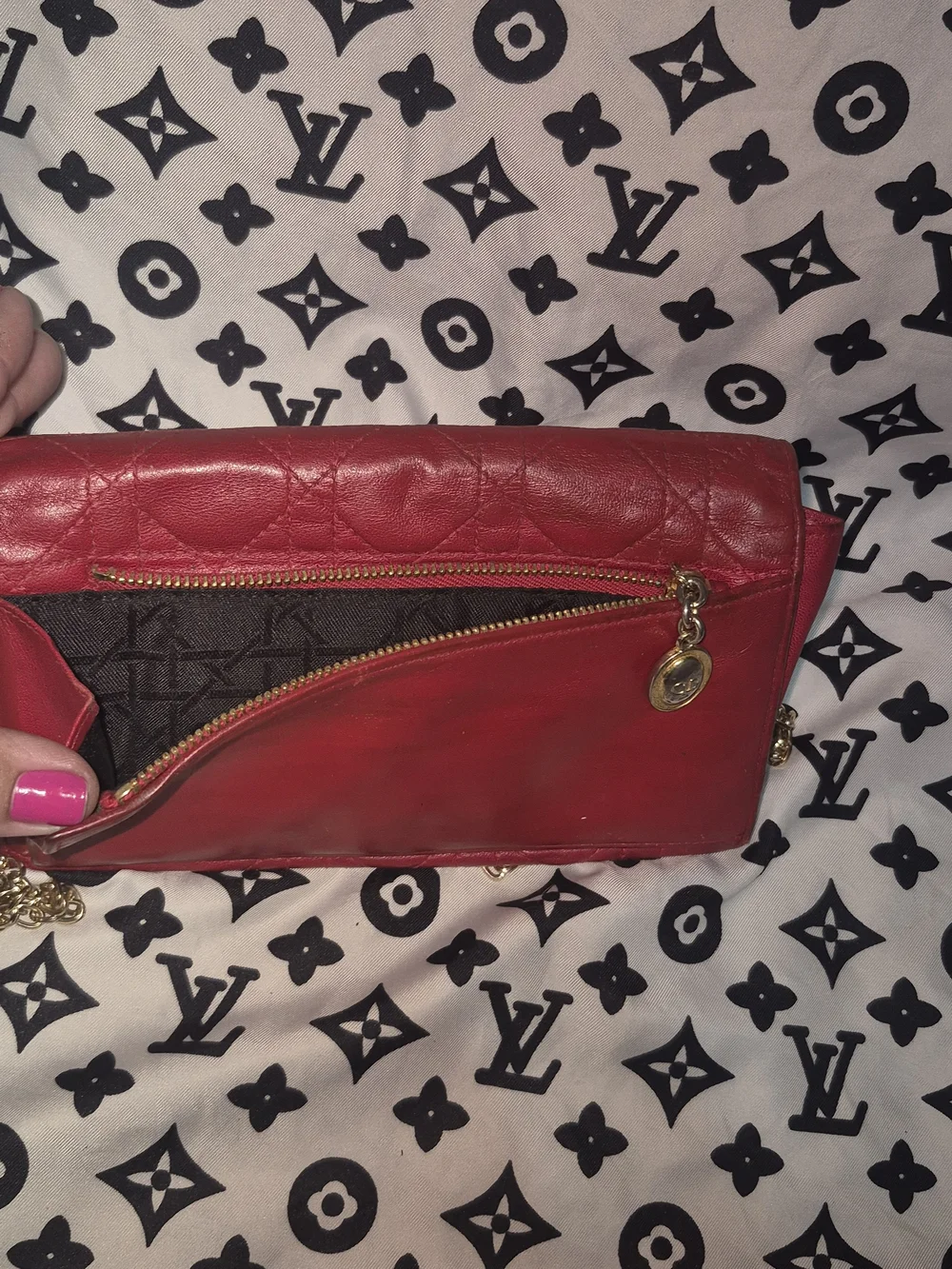 Vintage Authentic Dior Red Quilted Chain Wallet